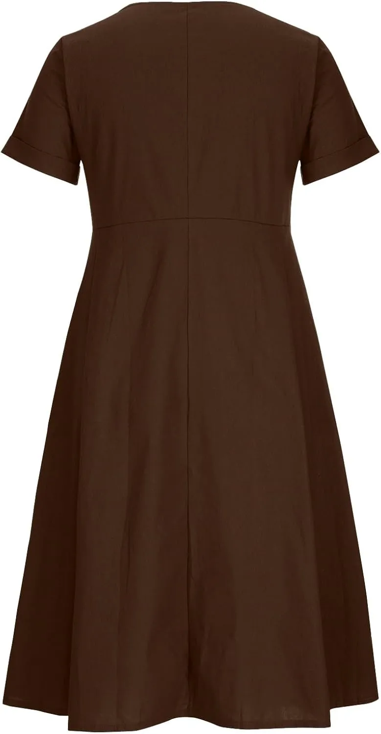 Women's Summer Dresses 2025 Casual Loose Trendy Short Sleeve V-Neck Solid Color Button Linen Dress Plus Size, S-5XL