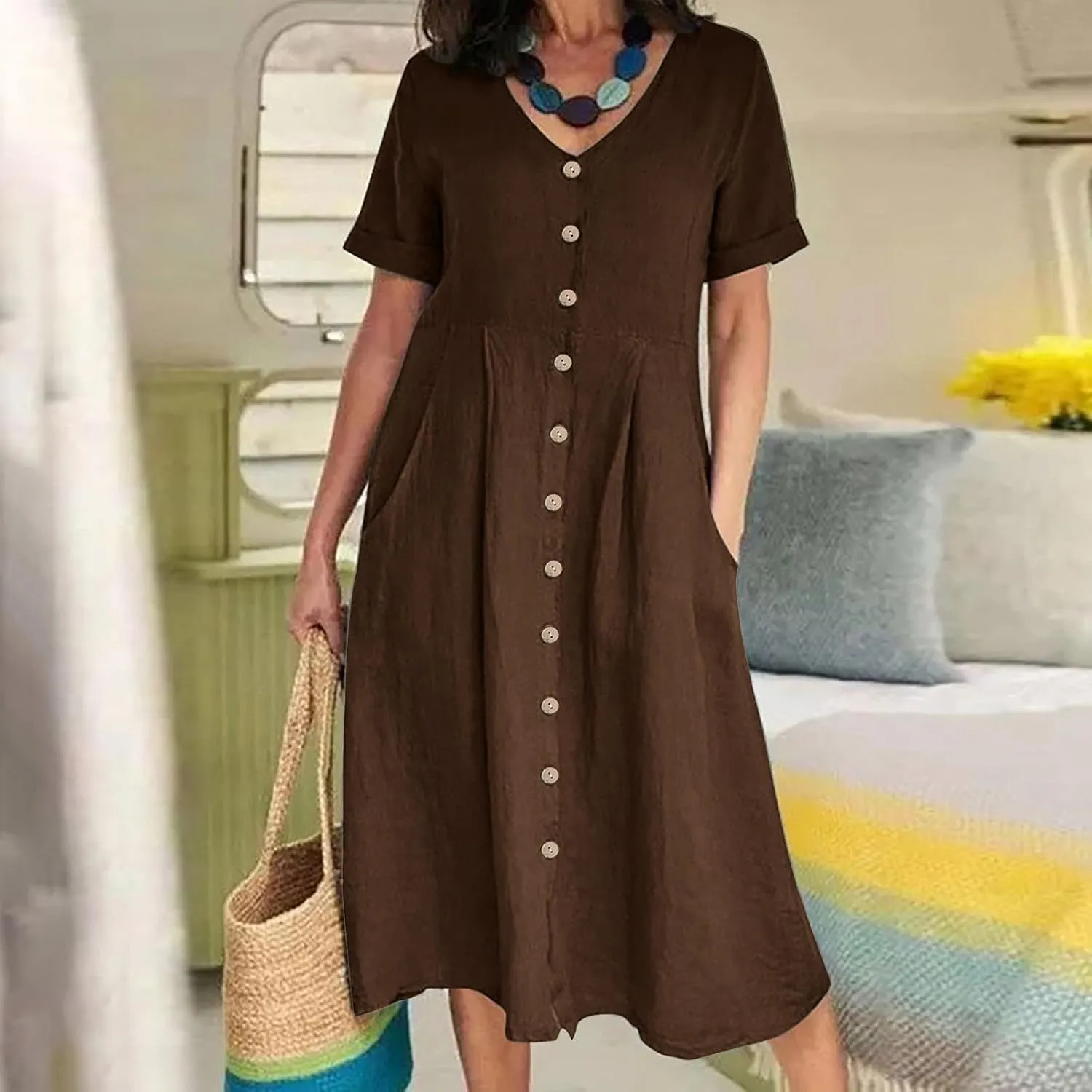 Women's Summer Dresses 2025 Casual Loose Trendy Short Sleeve V-Neck Solid Color Button Linen Dress Plus Size, S-5XL
