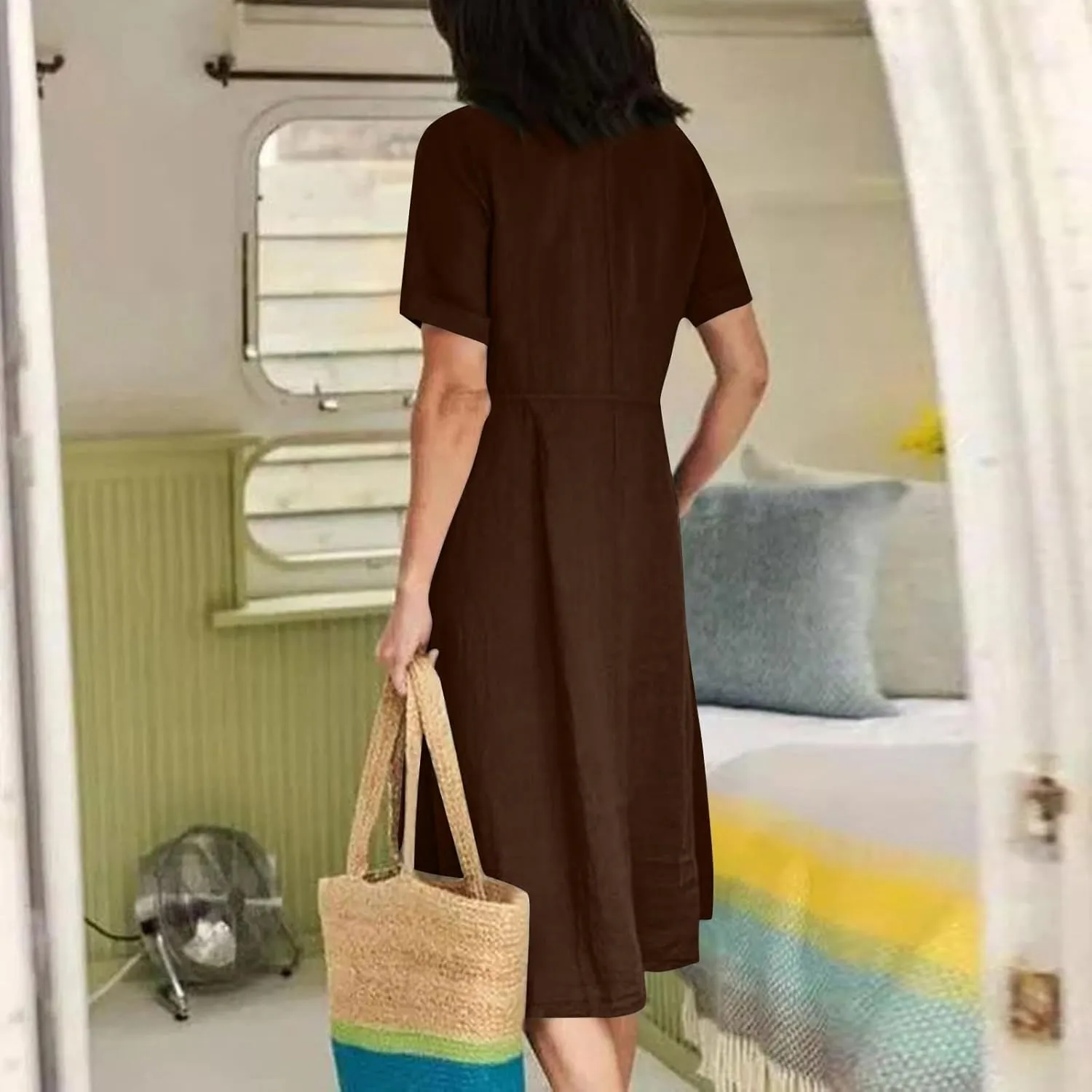 Women's Summer Dresses 2025 Casual Loose Trendy Short Sleeve V-Neck Solid Color Button Linen Dress Plus Size, S-5XL