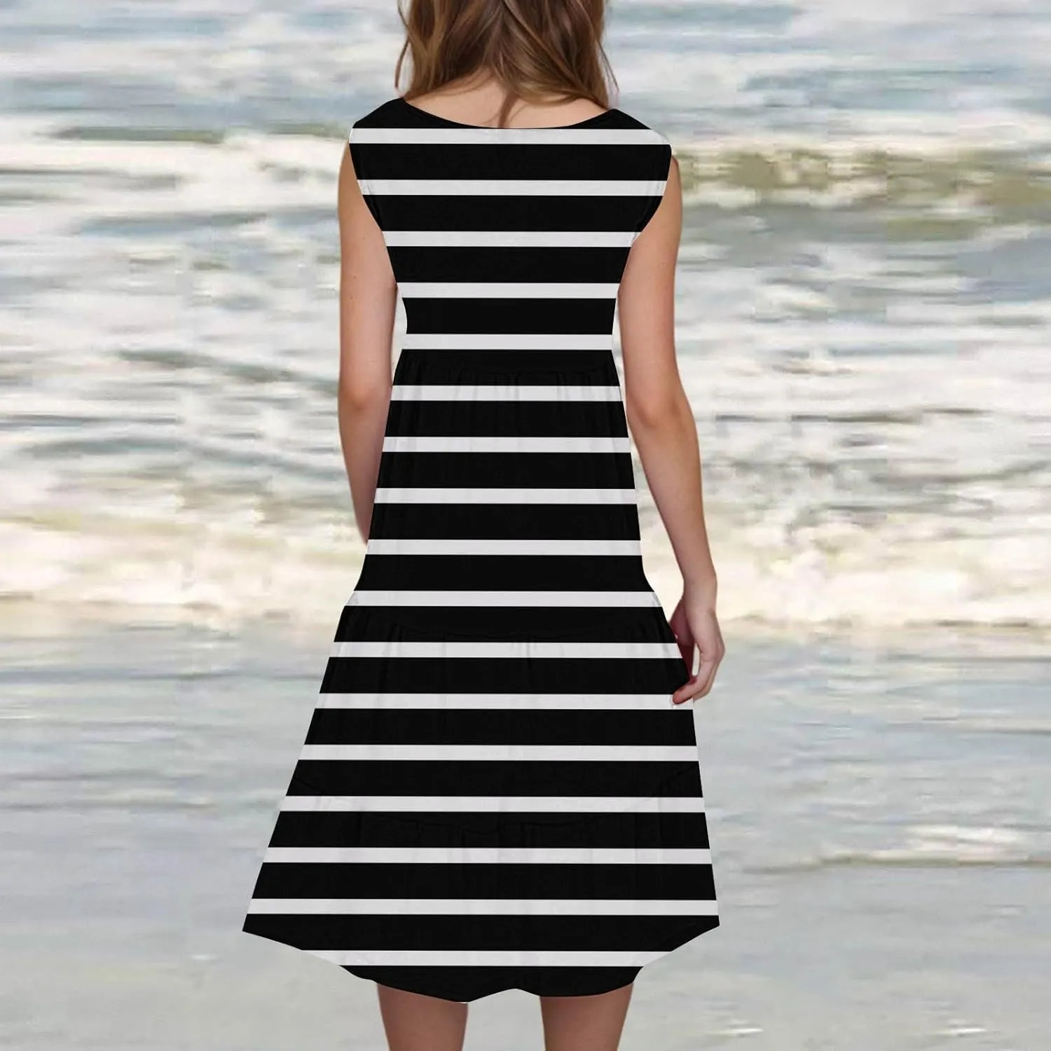 Womens Summer Midi Dress 2025 Sleeveless Crew Neck Cute Loose A line Boho Floral Casual Vacation Dresses with Pockets