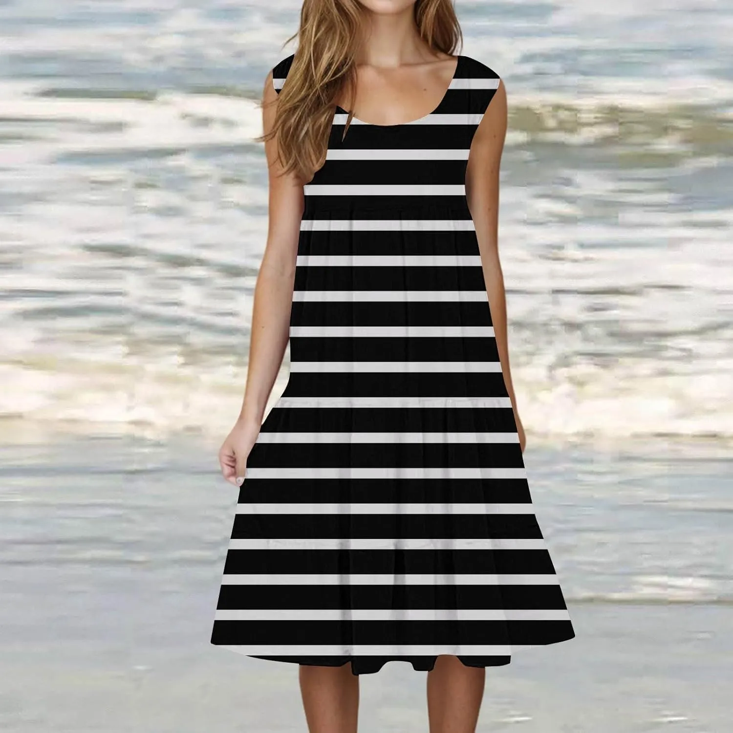 Womens Summer Midi Dress 2025 Sleeveless Crew Neck Cute Loose A line Boho Floral Casual Vacation Dresses with Pockets