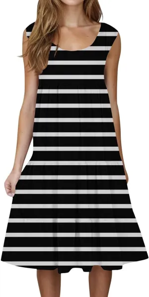 Womens Summer Midi Dress 2025 Sleeveless Crew Neck Cute Loose A line Boho Floral Casual Vacation Dresses with Pockets