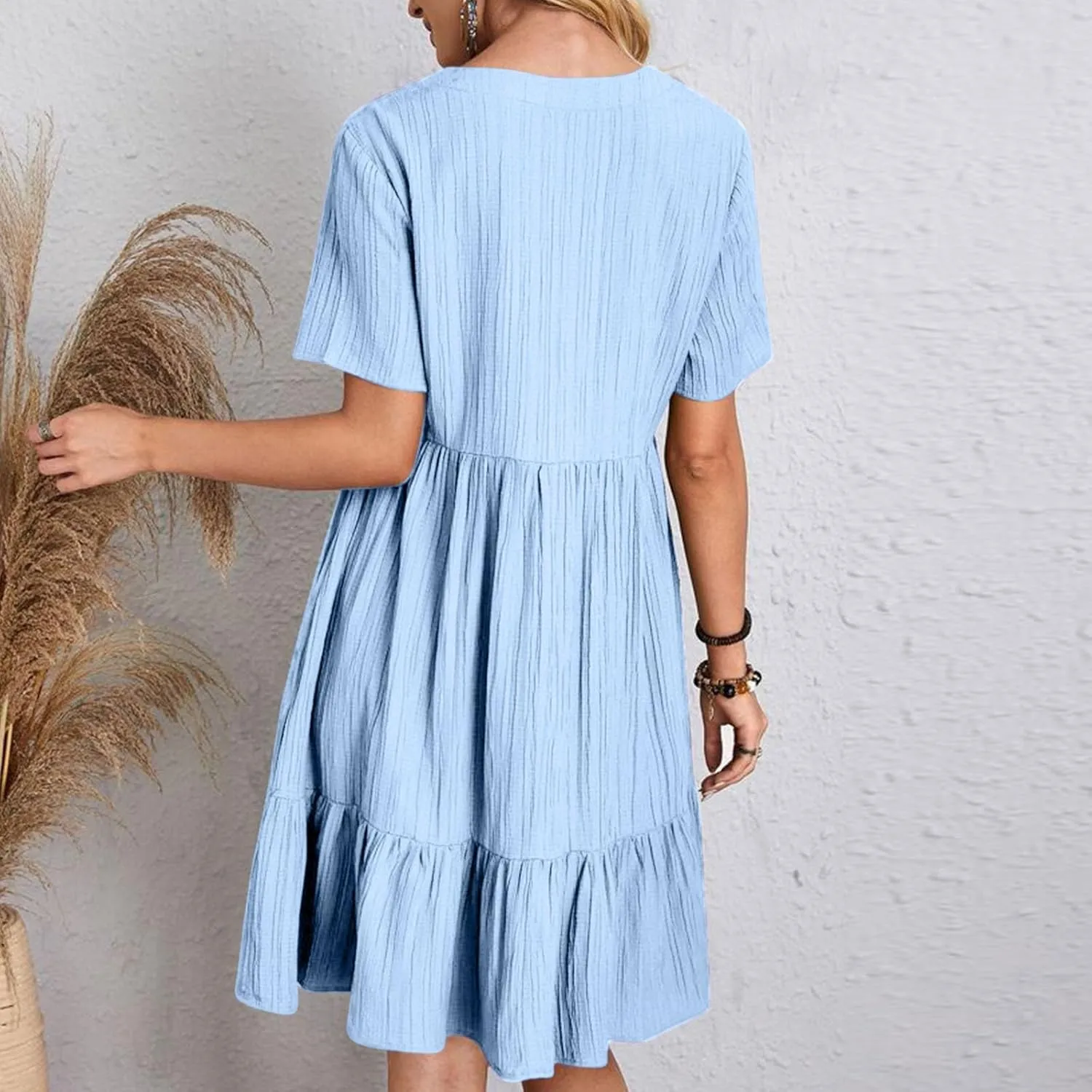 Women's Summer Midi Swing Dresses Casual Short Sleeve V Neck Pleated Tiered A Line Flowy Beach Sundress 2025