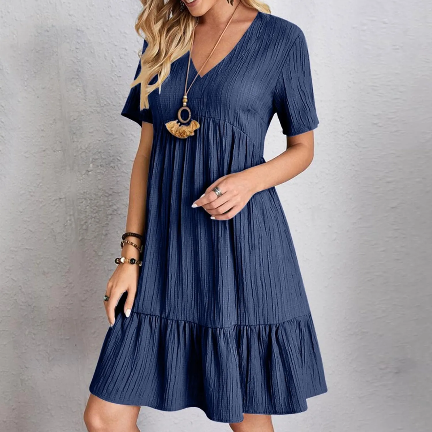 Women's Summer Midi Swing Dresses Casual Short Sleeve V Neck Pleated Tiered A Line Flowy Beach Sundress 2025