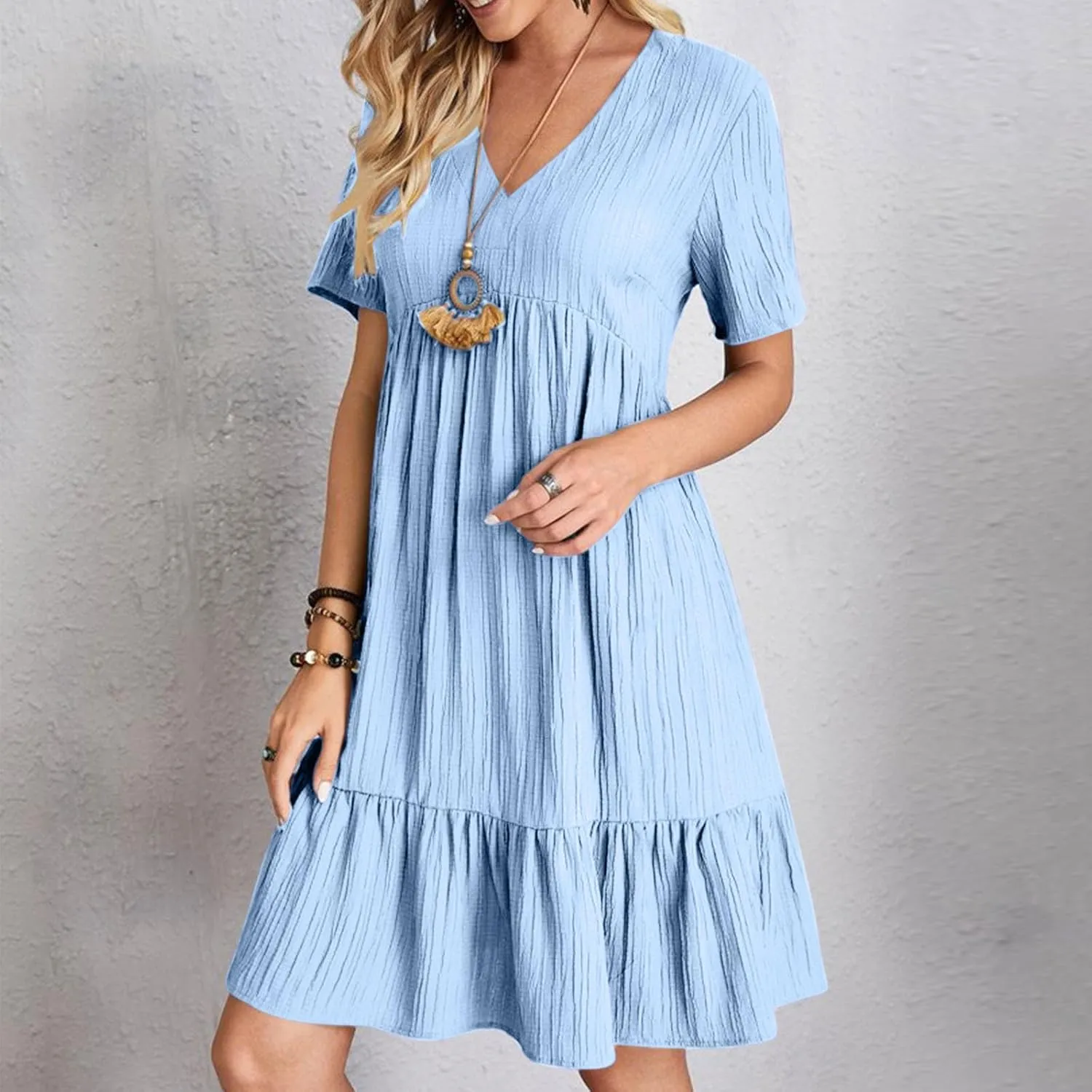 Women's Summer Midi Swing Dresses Casual Short Sleeve V Neck Pleated Tiered A Line Flowy Beach Sundress 2025