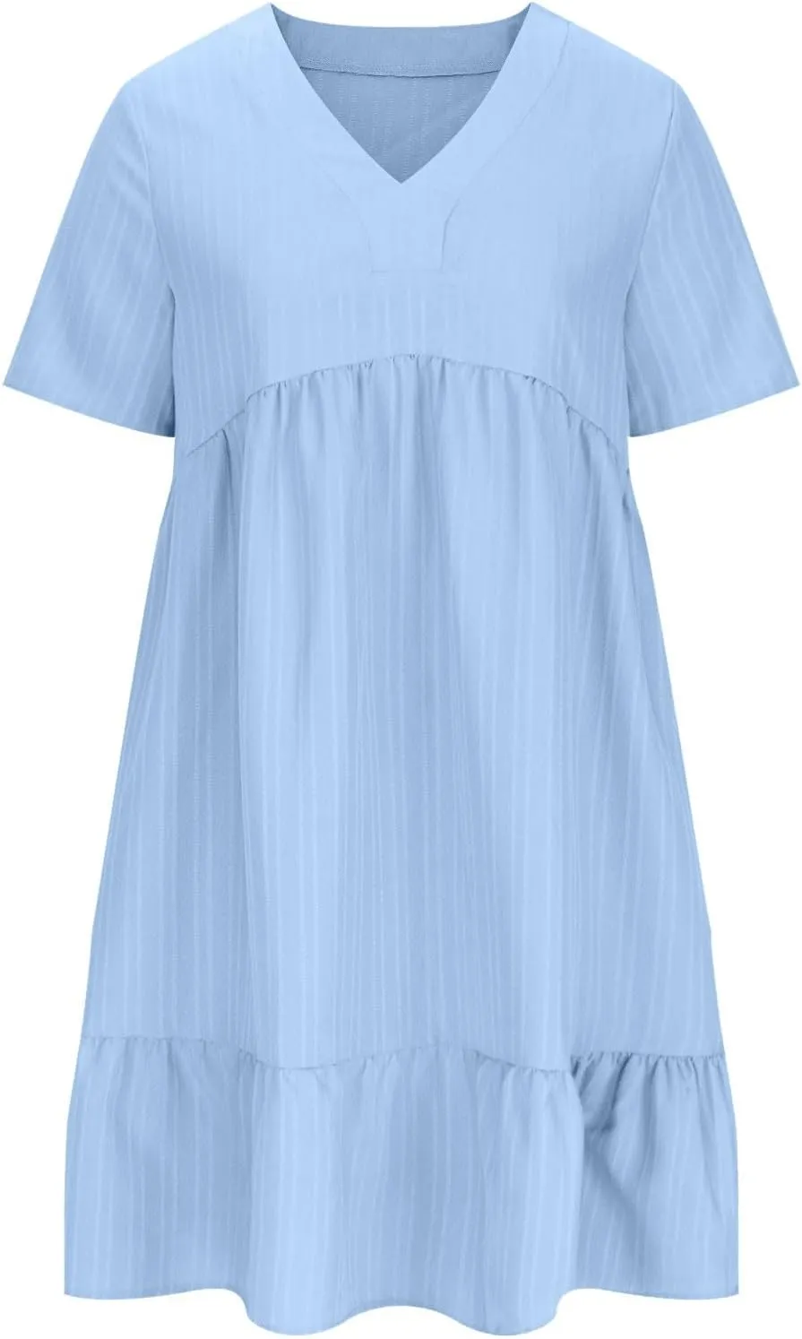 Women's Summer Midi Swing Dresses Casual Short Sleeve V Neck Pleated Tiered A Line Flowy Beach Sundress 2025