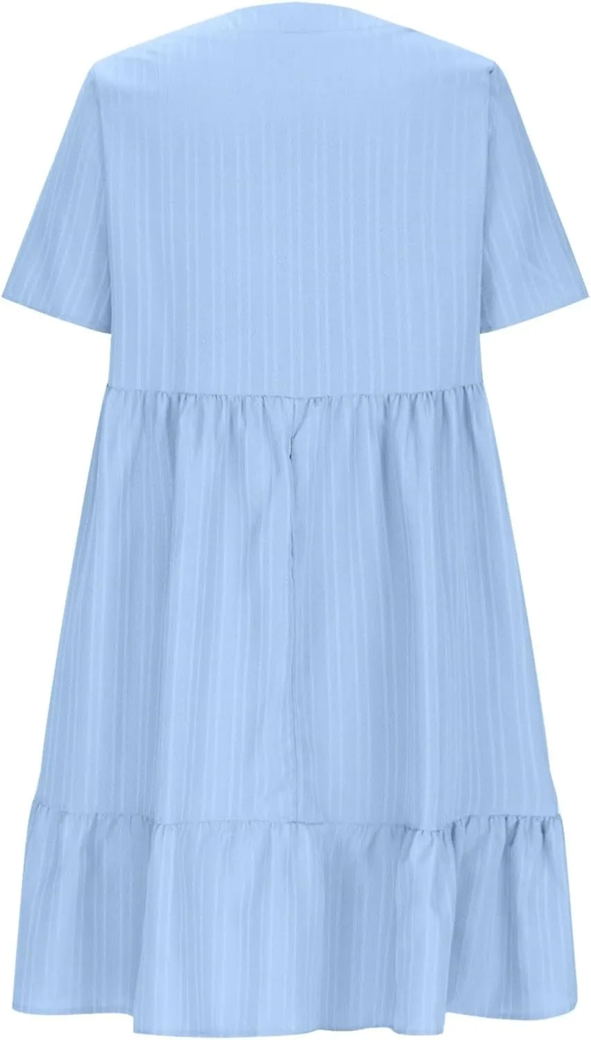 Women's Summer Midi Swing Dresses Casual Short Sleeve V Neck Pleated Tiered A Line Flowy Beach Sundress 2025