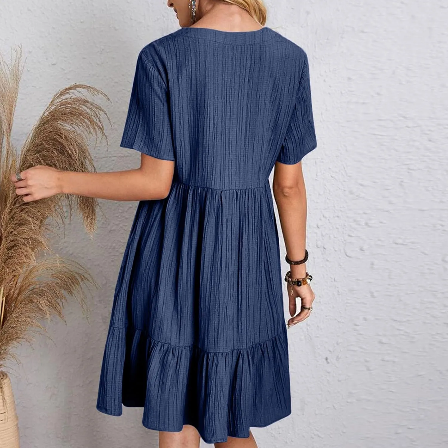 Women's Summer Midi Swing Dresses Casual Short Sleeve V Neck Pleated Tiered A Line Flowy Beach Sundress 2025
