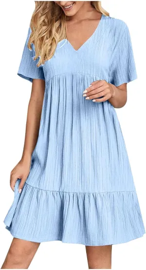 Women's Summer Midi Swing Dresses Casual Short Sleeve V Neck Pleated Tiered A Line Flowy Beach Sundress 2025