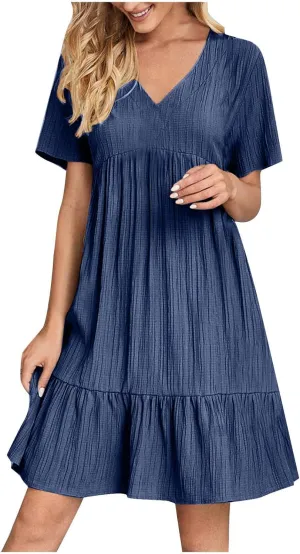 Women's Summer Midi Swing Dresses Casual Short Sleeve V Neck Pleated Tiered A Line Flowy Beach Sundress 2025