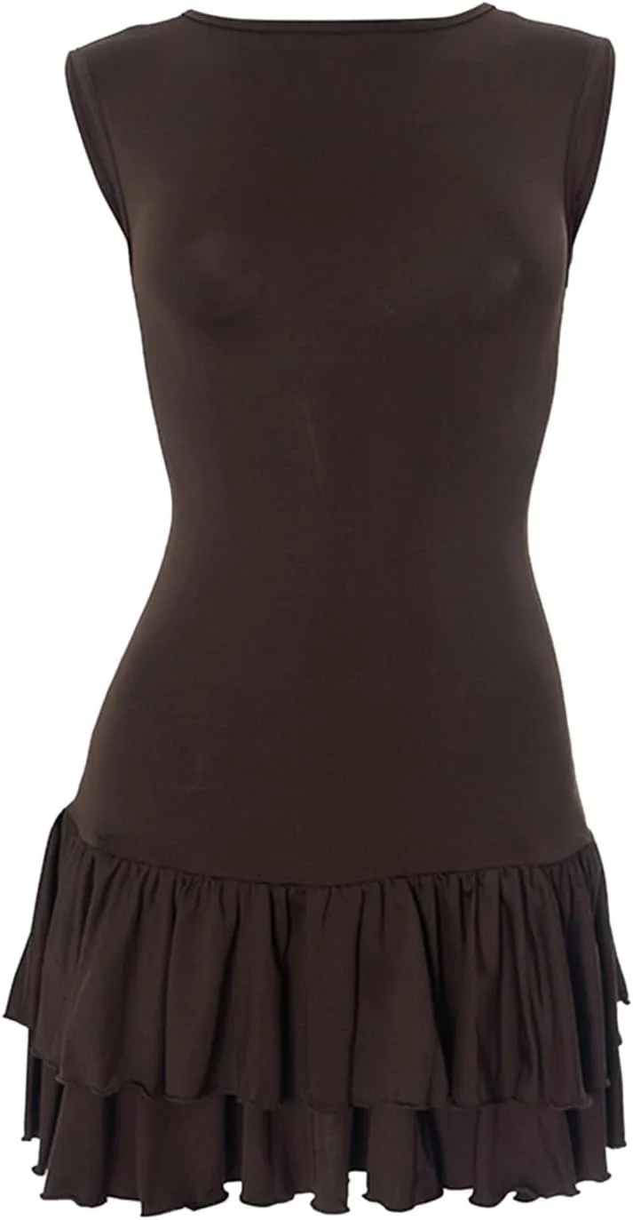 Womens Summer Mini Dress Sleeveless Crewneck Short Tank Sundress Flowy Ruffle Tiered Cocktail Party Dresses