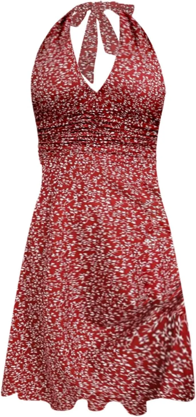 Women's Summer Sleeveless Sundress Sexy Wrap Halter V Neck 2025 Spring Floral Elastic Waist Ruffle Mini Dress Beach Vacation