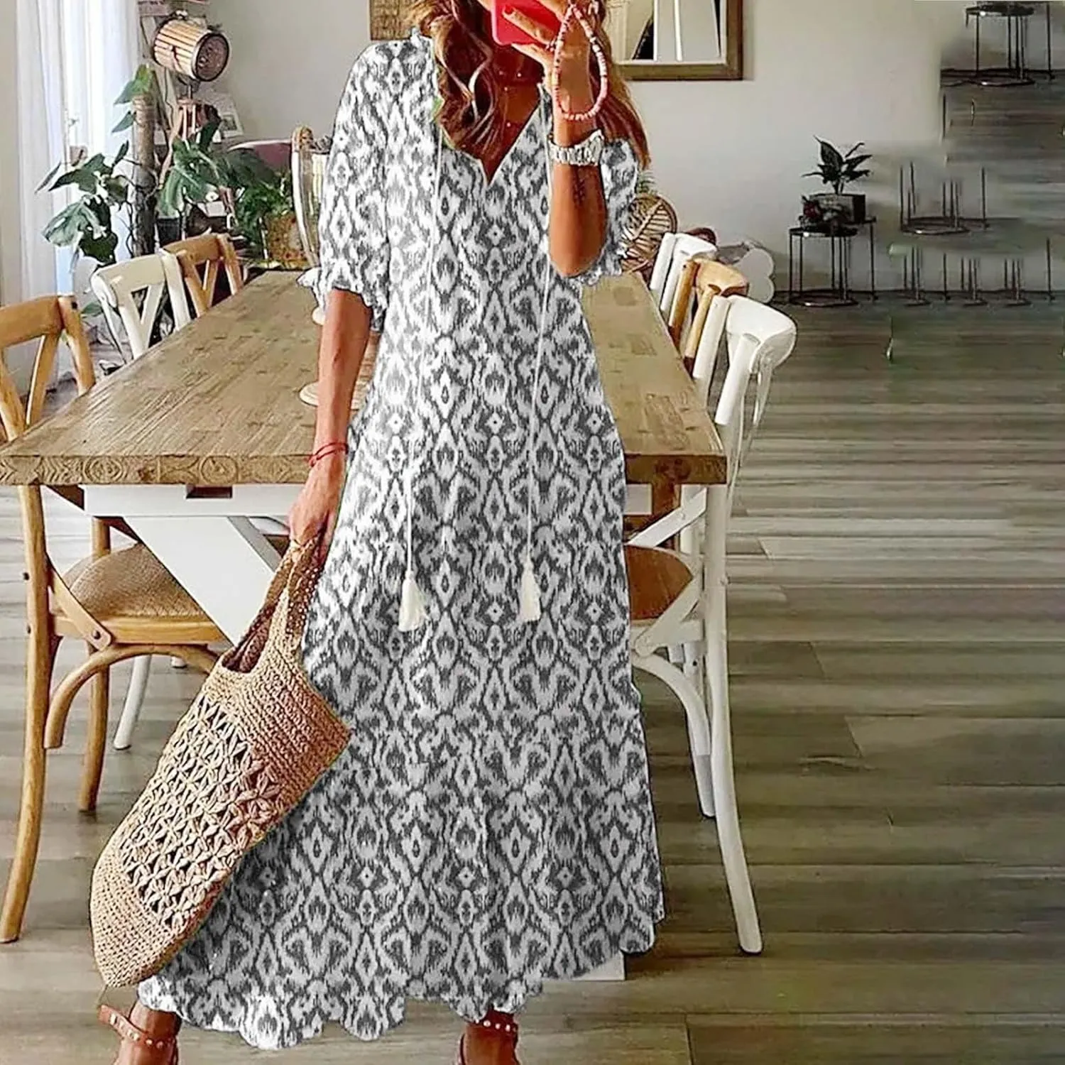 Women's Summer Spring Maxi Dresses V-Neck Short Sleeve Printed Tunic Dress Swing Flowy Long Beach Dress