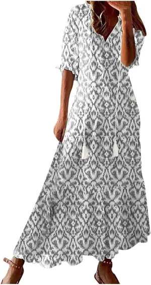 Women's Summer Spring Maxi Dresses V-Neck Short Sleeve Printed Tunic Dress Swing Flowy Long Beach Dress