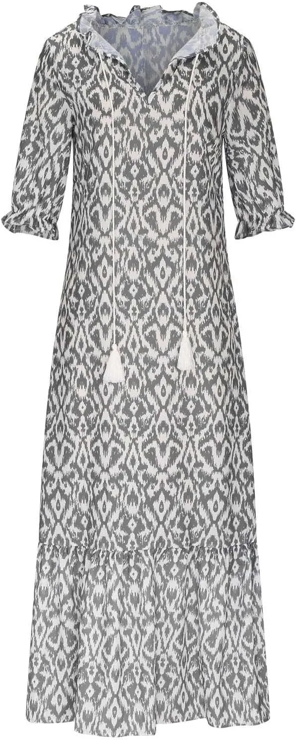 Women's Summer Spring Maxi Dresses V-Neck Short Sleeve Printed Tunic Dress Swing Flowy Long Beach Dress