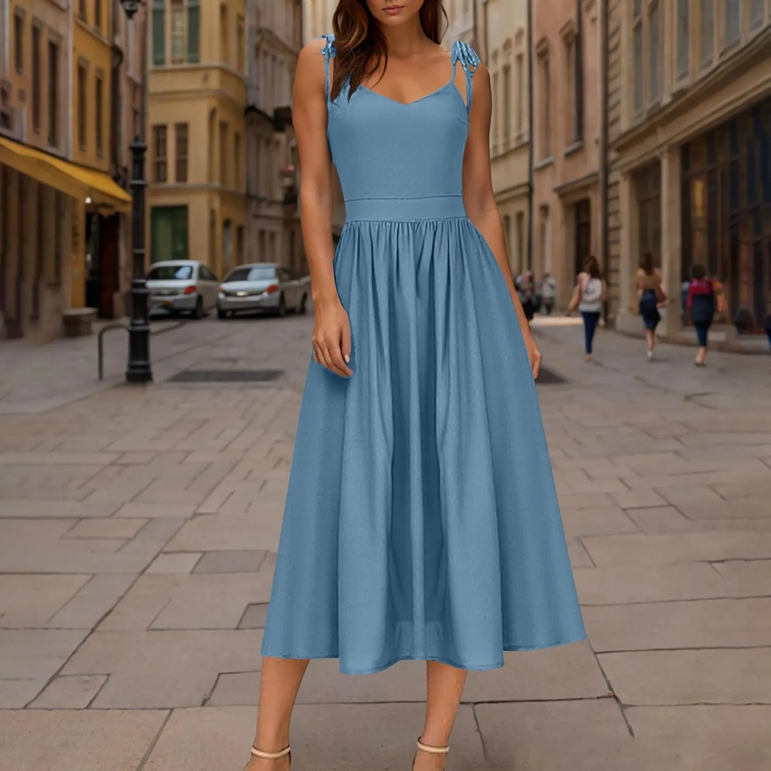 Womens Tie Shoulder Midi Dresses Spaghetti Strap V Neck Backless High Waist Pleated A Line Dress Summer Beach Sundress