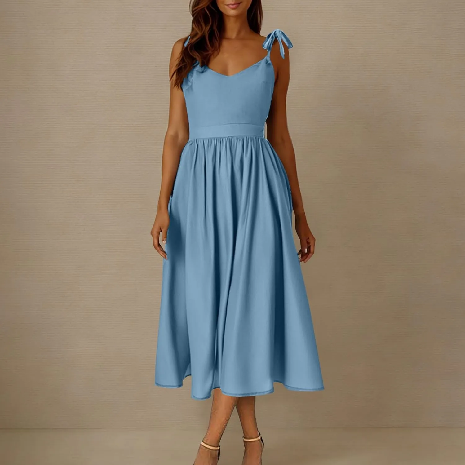 Womens Tie Shoulder Midi Dresses Spaghetti Strap V Neck Backless High Waist Pleated A Line Dress Summer Beach Sundress