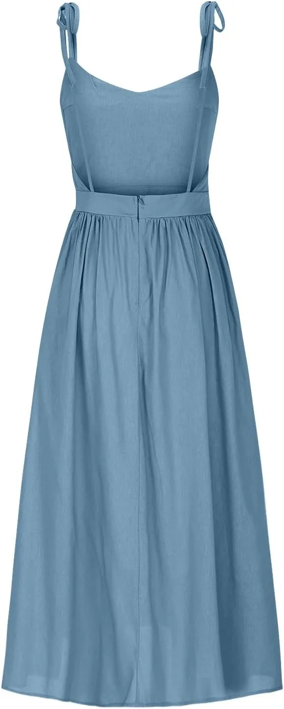 Womens Tie Shoulder Midi Dresses Spaghetti Strap V Neck Backless High Waist Pleated A Line Dress Summer Beach Sundress
