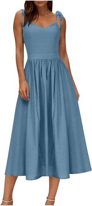 Womens Tie Shoulder Midi Dresses Spaghetti Strap V Neck Backless High Waist Pleated A Line Dress Summer Beach Sundress