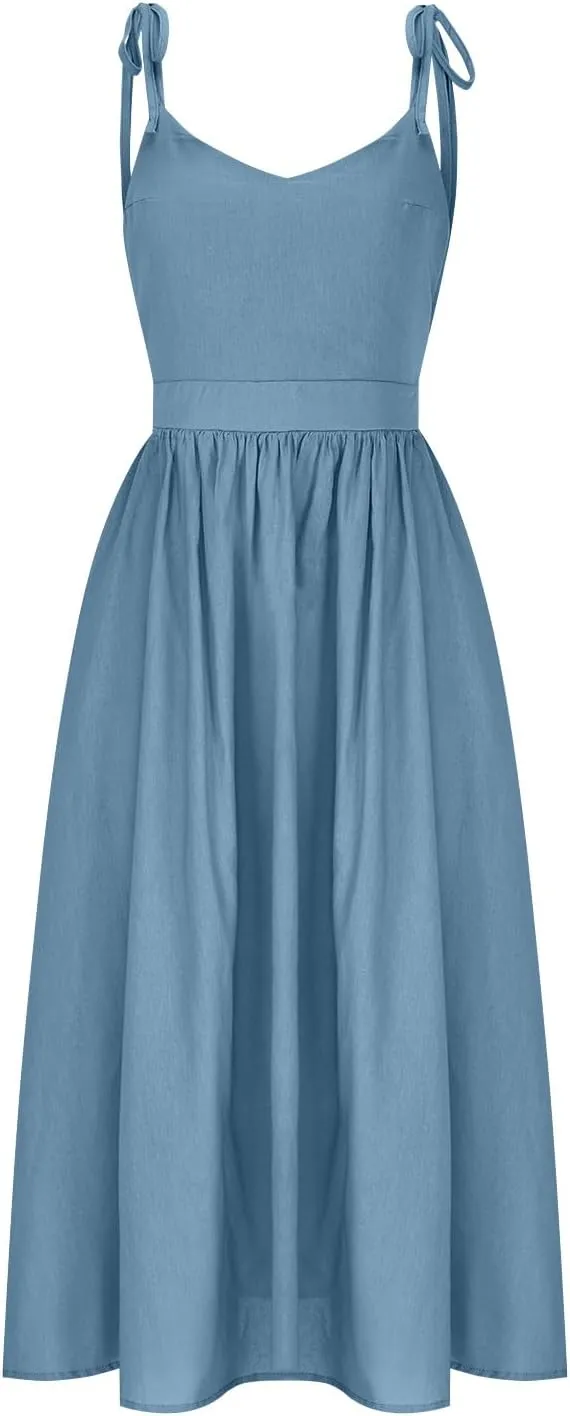 Womens Tie Shoulder Midi Dresses Spaghetti Strap V Neck Backless High Waist Pleated A Line Dress Summer Beach Sundress