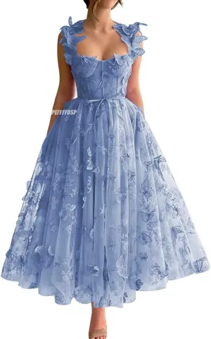Women's Tulle Prom Dresses Long 3D Butterfly Spaghetti Straps Homecoming Dresses with Slit Tea Length Party Dress