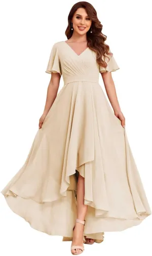 Women's V Neck Bridesmaid Dresses with Sleeves Chiffon A-Line Pleated High Low Formal Gown with Pockets