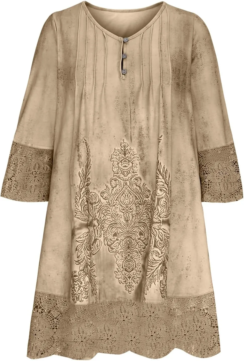 Women's Vintage Floral Crochet T-Shirt Dress Lace Embroidered Short Dresses 3/4 Sleeve V-Neck Loose Mini Sundress