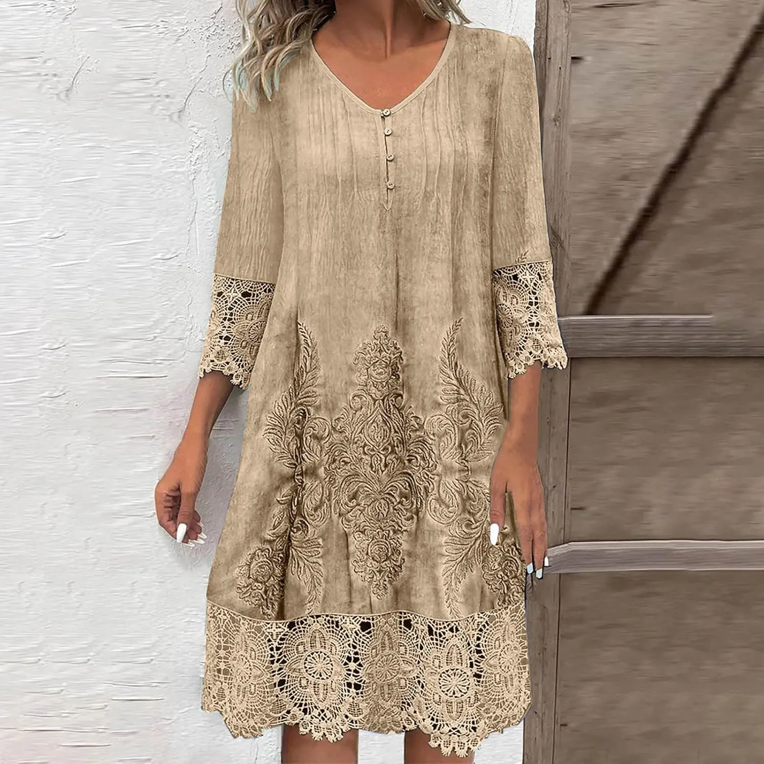 Women's Vintage Floral Crochet T-Shirt Dress Lace Embroidered Short Dresses 3/4 Sleeve V-Neck Loose Mini Sundress