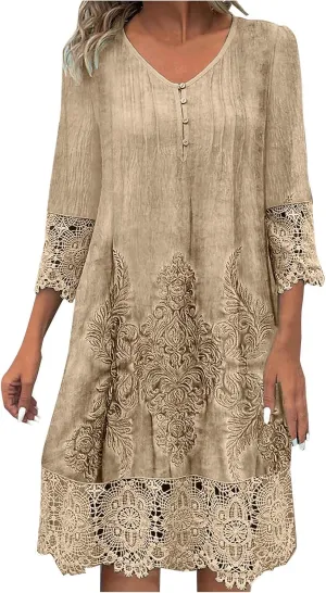 Women's Vintage Floral Crochet T-Shirt Dress Lace Embroidered Short Dresses 3/4 Sleeve V-Neck Loose Mini Sundress