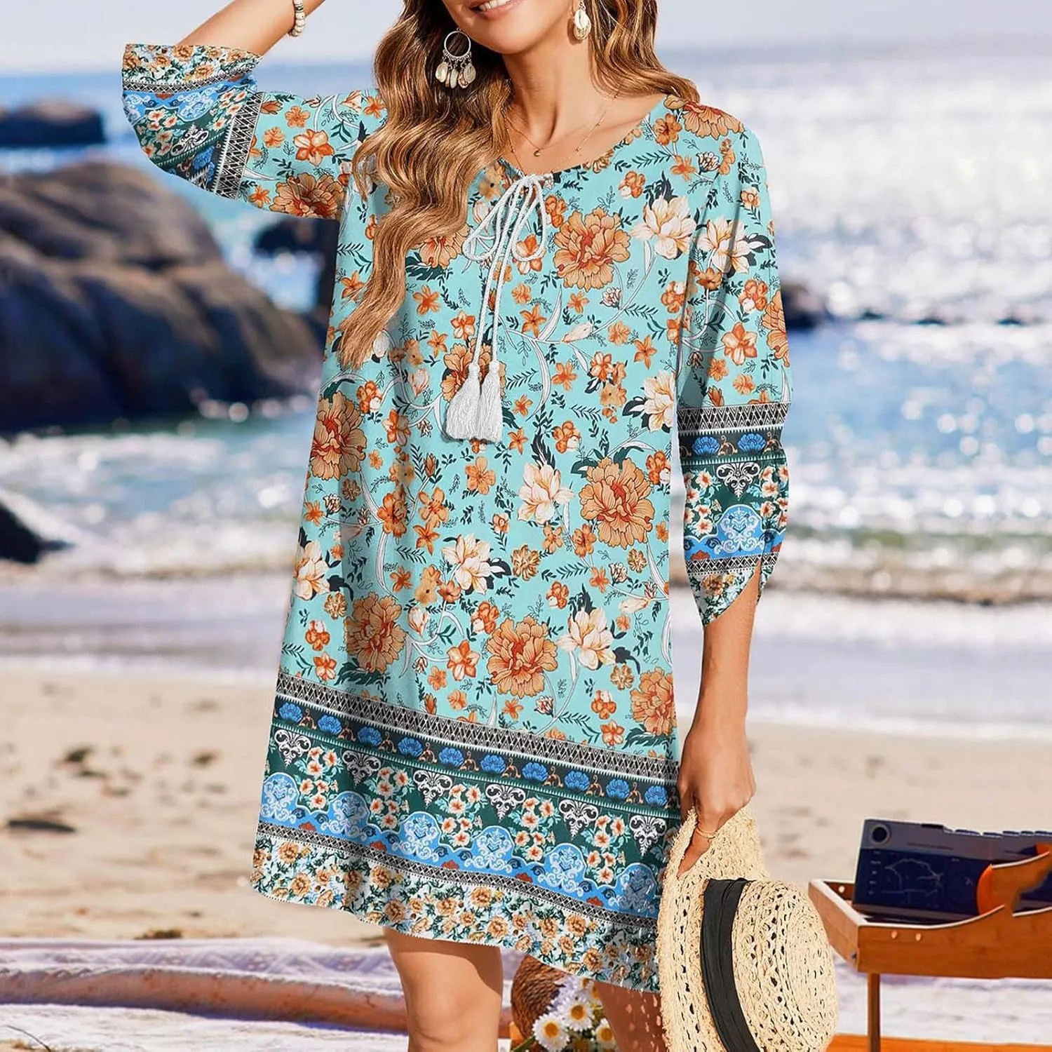 Xiaojmake Boho Dresses for Women 2025 Summer Retro Ethnic Beach Sun Dress Casual Loose V Neck 3/4 Sleeve Mini Vacation Dress