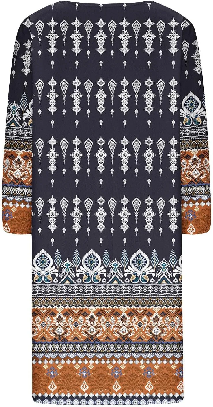 Xiaojmake Boho Dresses for Women 2025 Summer Retro Ethnic Beach Sun Dress Casual Loose V Neck 3/4 Sleeve Mini Vacation Dress
