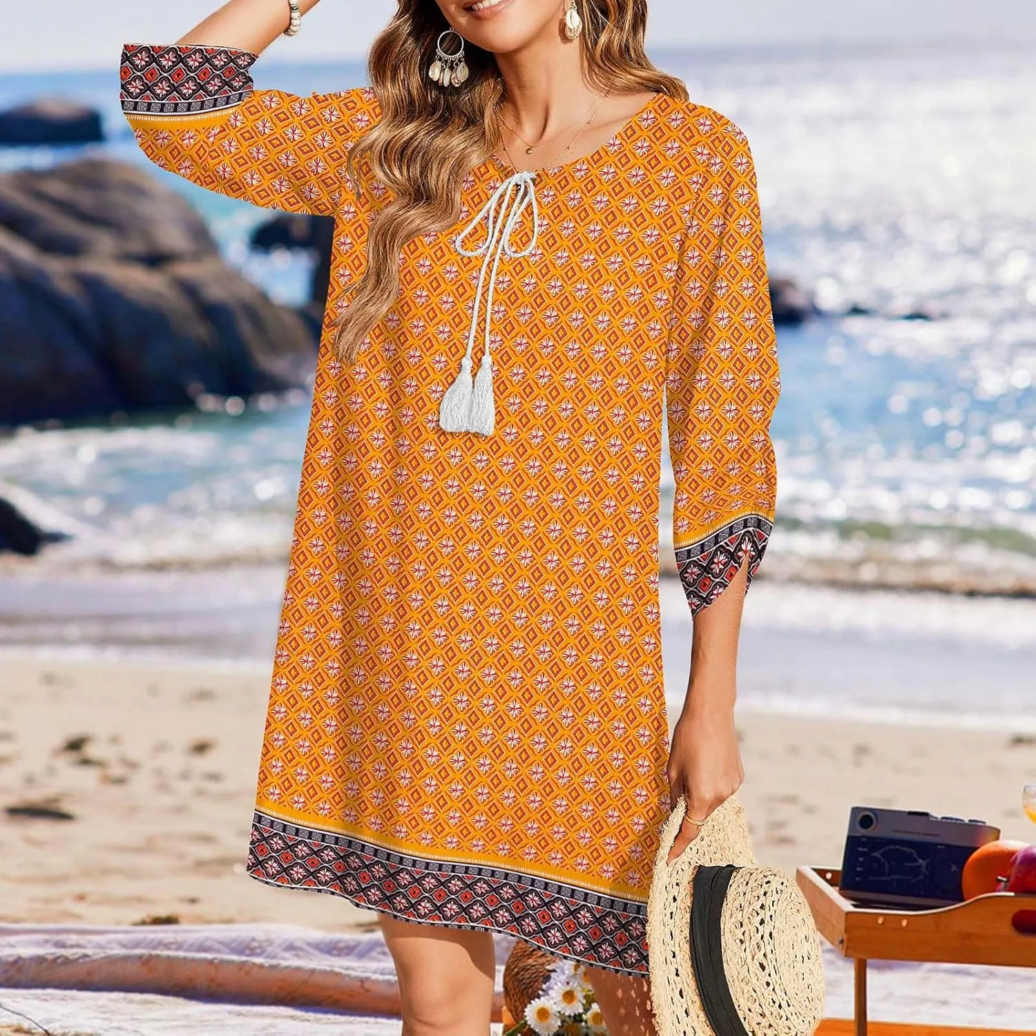 Xiaojmake Boho Dresses for Women 2025 Summer Retro Ethnic Beach Sun Dress Casual Loose V Neck 3/4 Sleeve Mini Vacation Dress