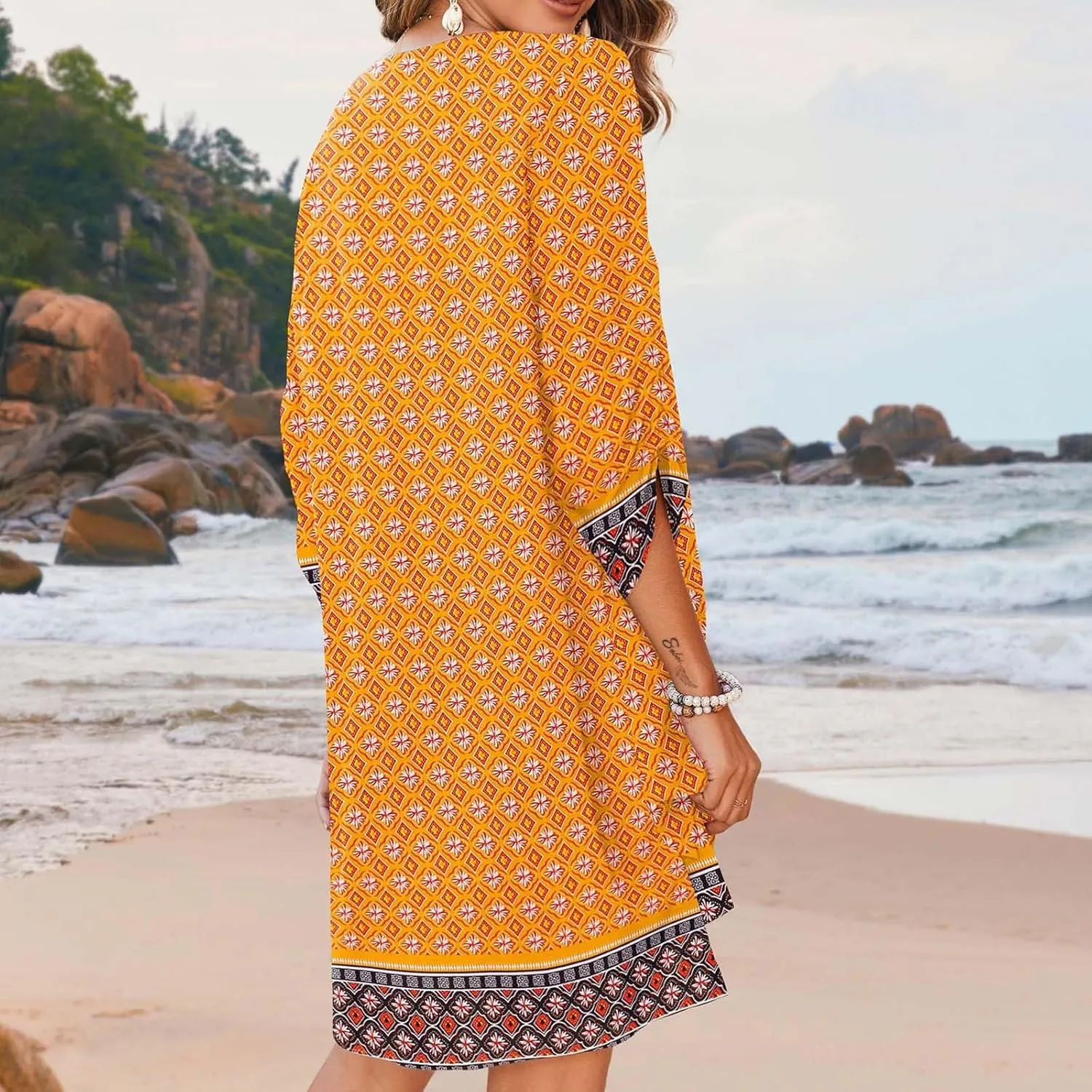Xiaojmake Boho Dresses for Women 2025 Summer Retro Ethnic Beach Sun Dress Casual Loose V Neck 3/4 Sleeve Mini Vacation Dress