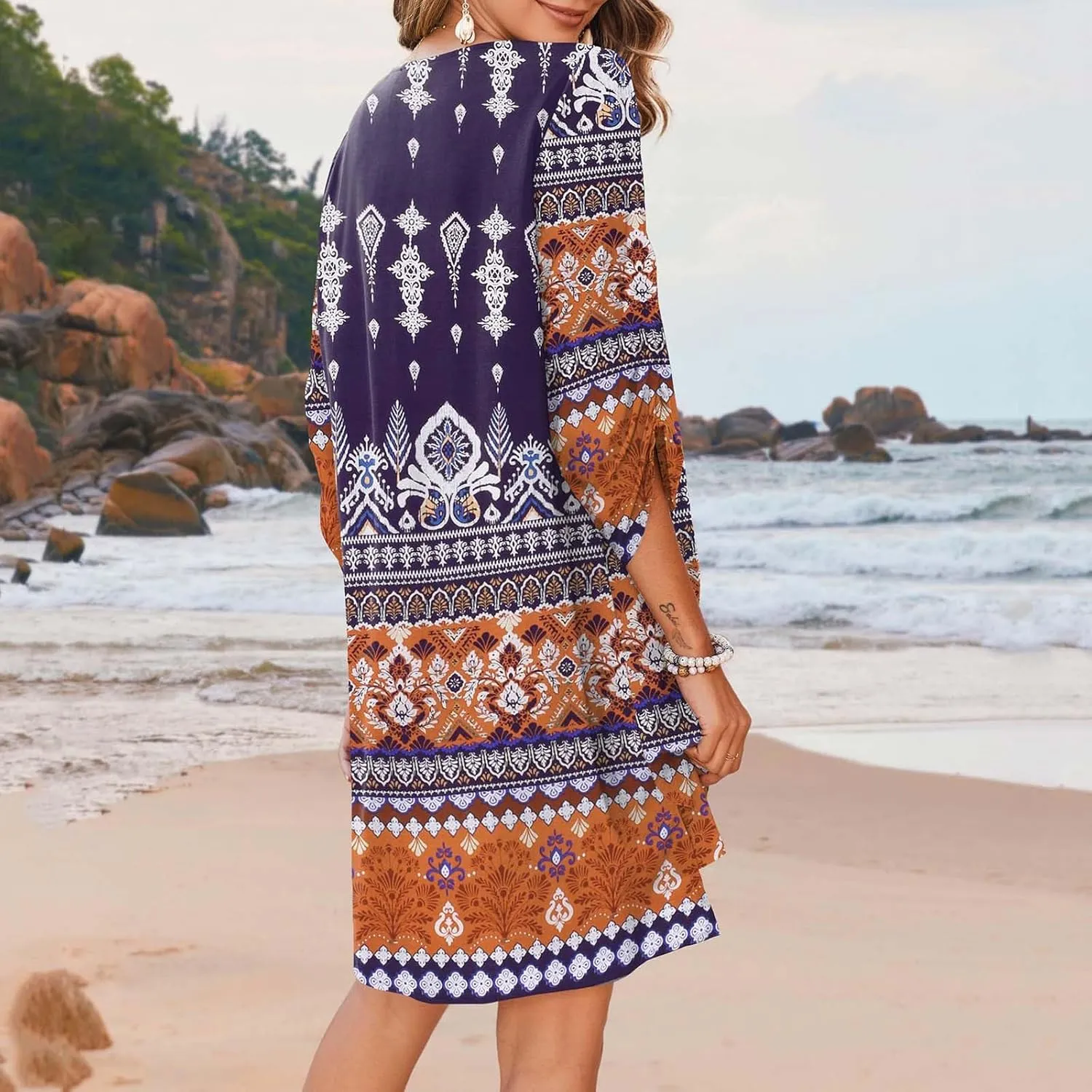 Xiaojmake Boho Dresses for Women 2025 Summer Retro Ethnic Beach Sun Dress Casual Loose V Neck 3/4 Sleeve Mini Vacation Dress