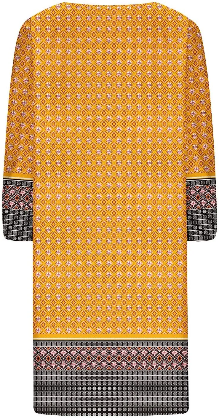 Xiaojmake Boho Dresses for Women 2025 Summer Retro Ethnic Beach Sun Dress Casual Loose V Neck 3/4 Sleeve Mini Vacation Dress