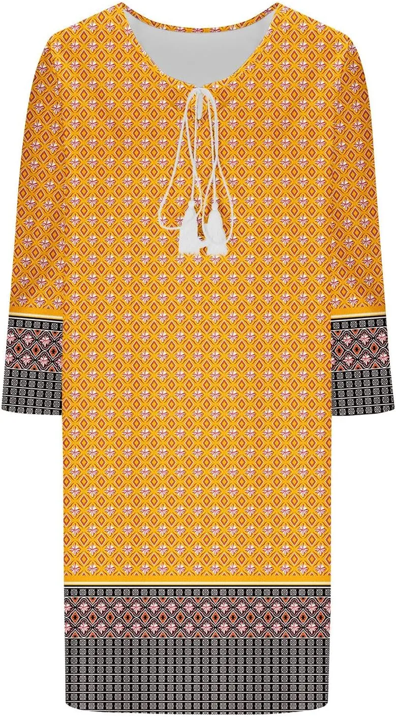 Xiaojmake Boho Dresses for Women 2025 Summer Retro Ethnic Beach Sun Dress Casual Loose V Neck 3/4 Sleeve Mini Vacation Dress