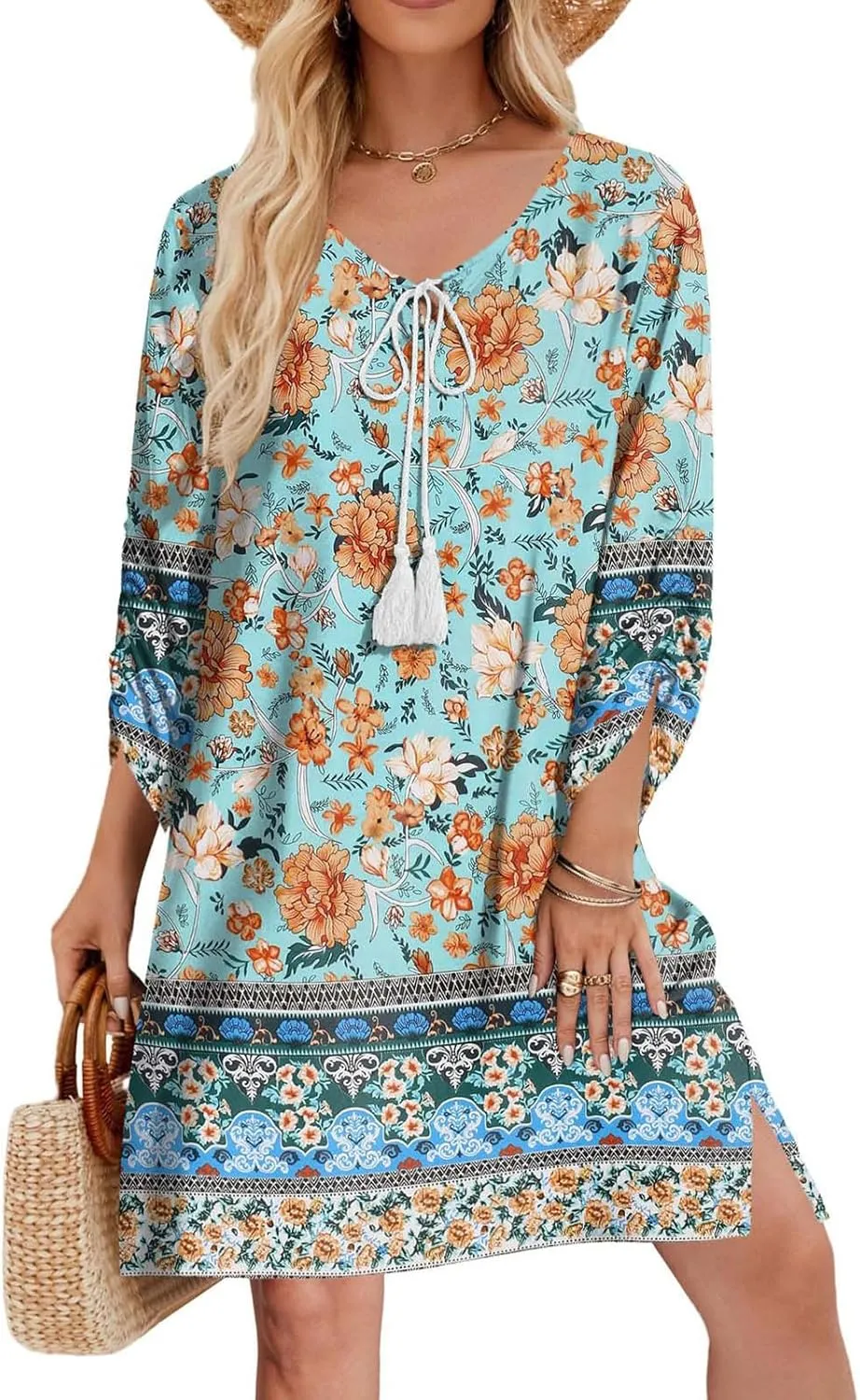 Xiaojmake Boho Dresses for Women 2025 Summer Retro Ethnic Beach Sun Dress Casual Loose V Neck 3/4 Sleeve Mini Vacation Dress