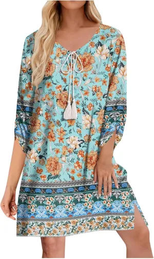 Xiaojmake Boho Dresses for Women 2025 Summer Retro Ethnic Beach Sun Dress Casual Loose V Neck 3/4 Sleeve Mini Vacation Dress