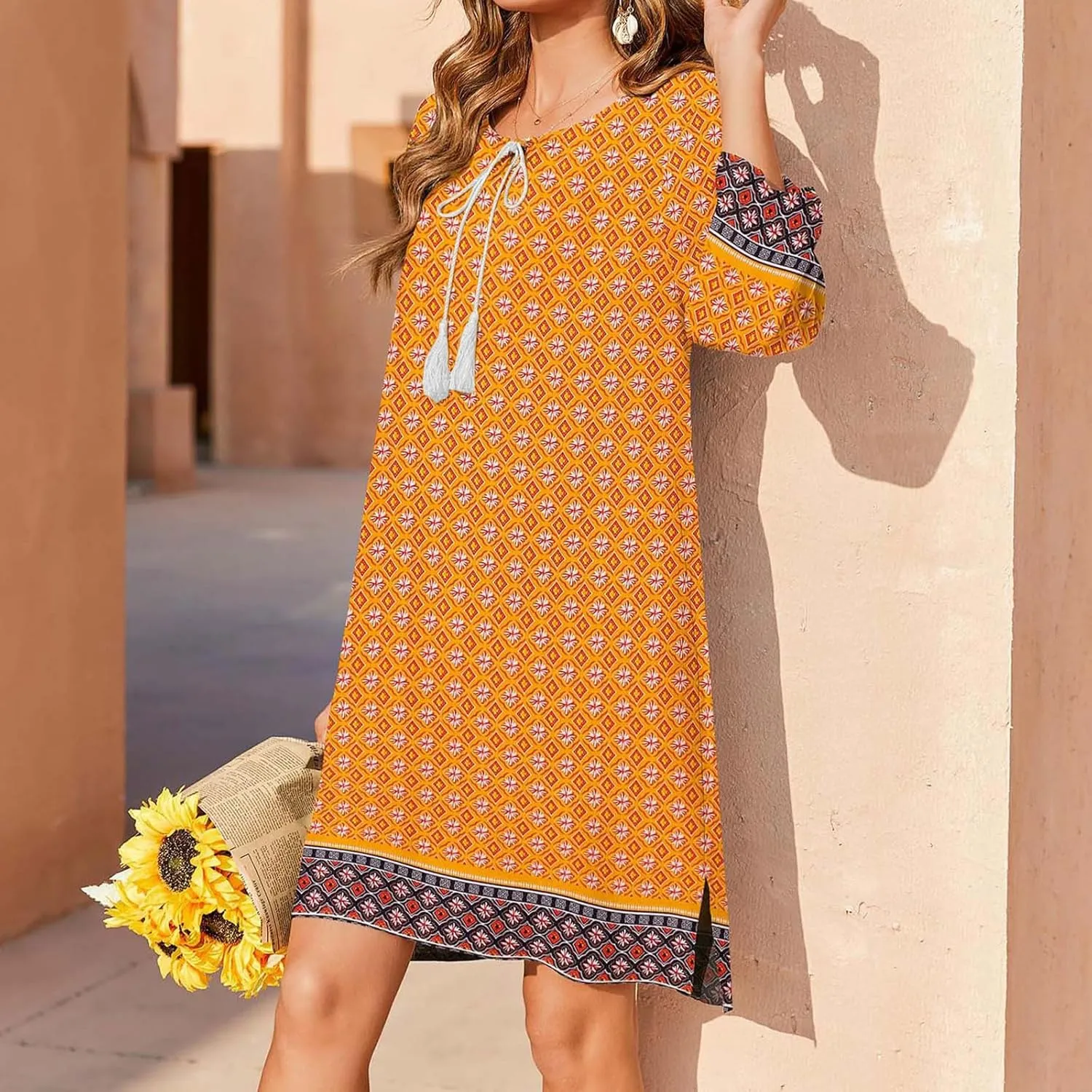 Xiaojmake Boho Dresses for Women 2025 Summer Retro Ethnic Beach Sun Dress Casual Loose V Neck 3/4 Sleeve Mini Vacation Dress
