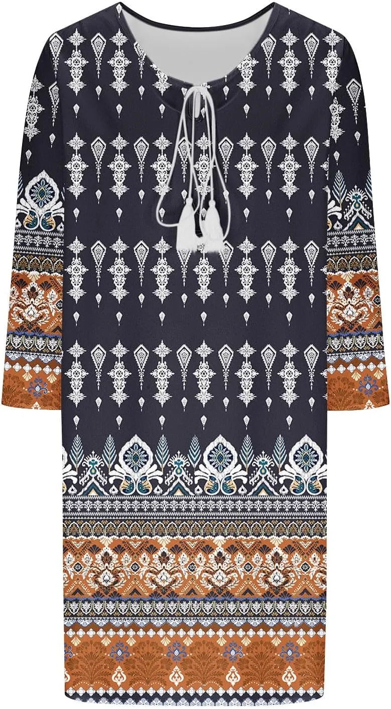 Xiaojmake Boho Dresses for Women 2025 Summer Retro Ethnic Beach Sun Dress Casual Loose V Neck 3/4 Sleeve Mini Vacation Dress