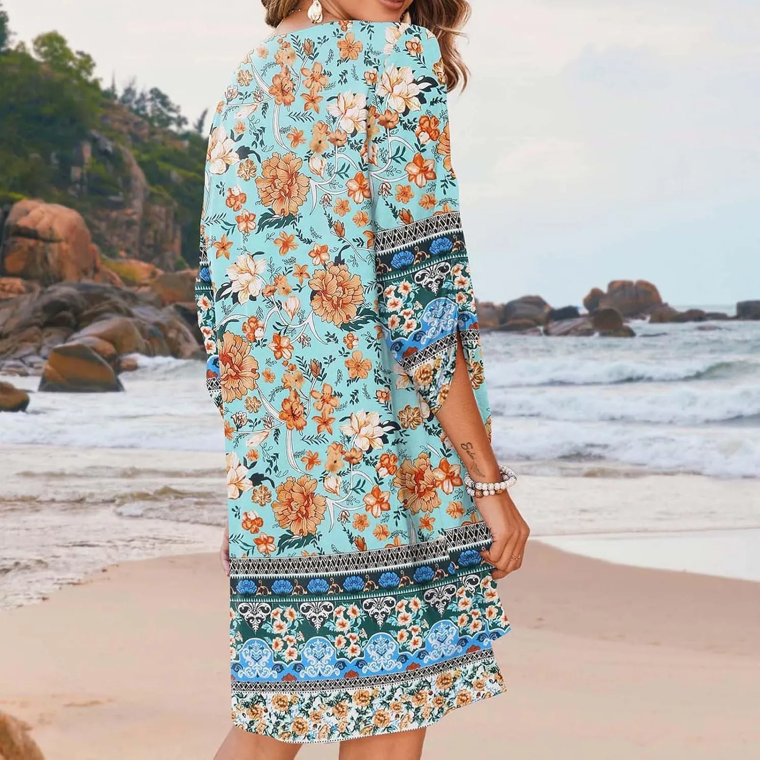 Xiaojmake Boho Dresses for Women 2025 Summer Retro Ethnic Beach Sun Dress Casual Loose V Neck 3/4 Sleeve Mini Vacation Dress
