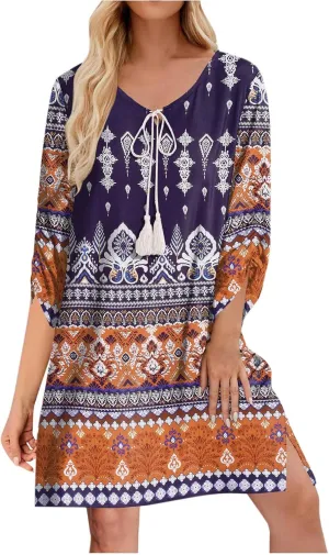 Xiaojmake Boho Dresses for Women 2025 Summer Retro Ethnic Beach Sun Dress Casual Loose V Neck 3/4 Sleeve Mini Vacation Dress