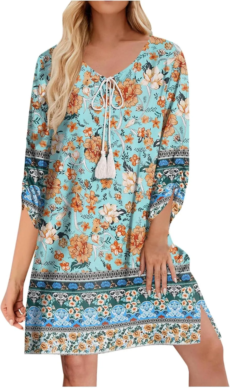 Xiaojmake Boho Dresses for Women 2025 Summer Retro Ethnic Beach Sun Dress Casual Loose V Neck 3/4 Sleeve Mini Vacation Dress