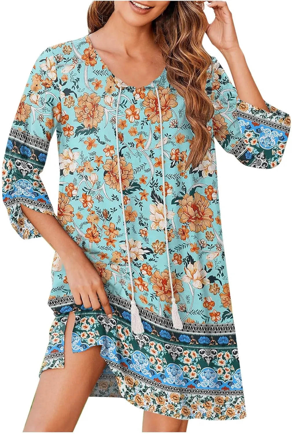 Xiaojmake Boho Dresses for Women 2025 Summer Retro Ethnic Beach Sun Dress Casual Loose V Neck 3/4 Sleeve Mini Vacation Dress