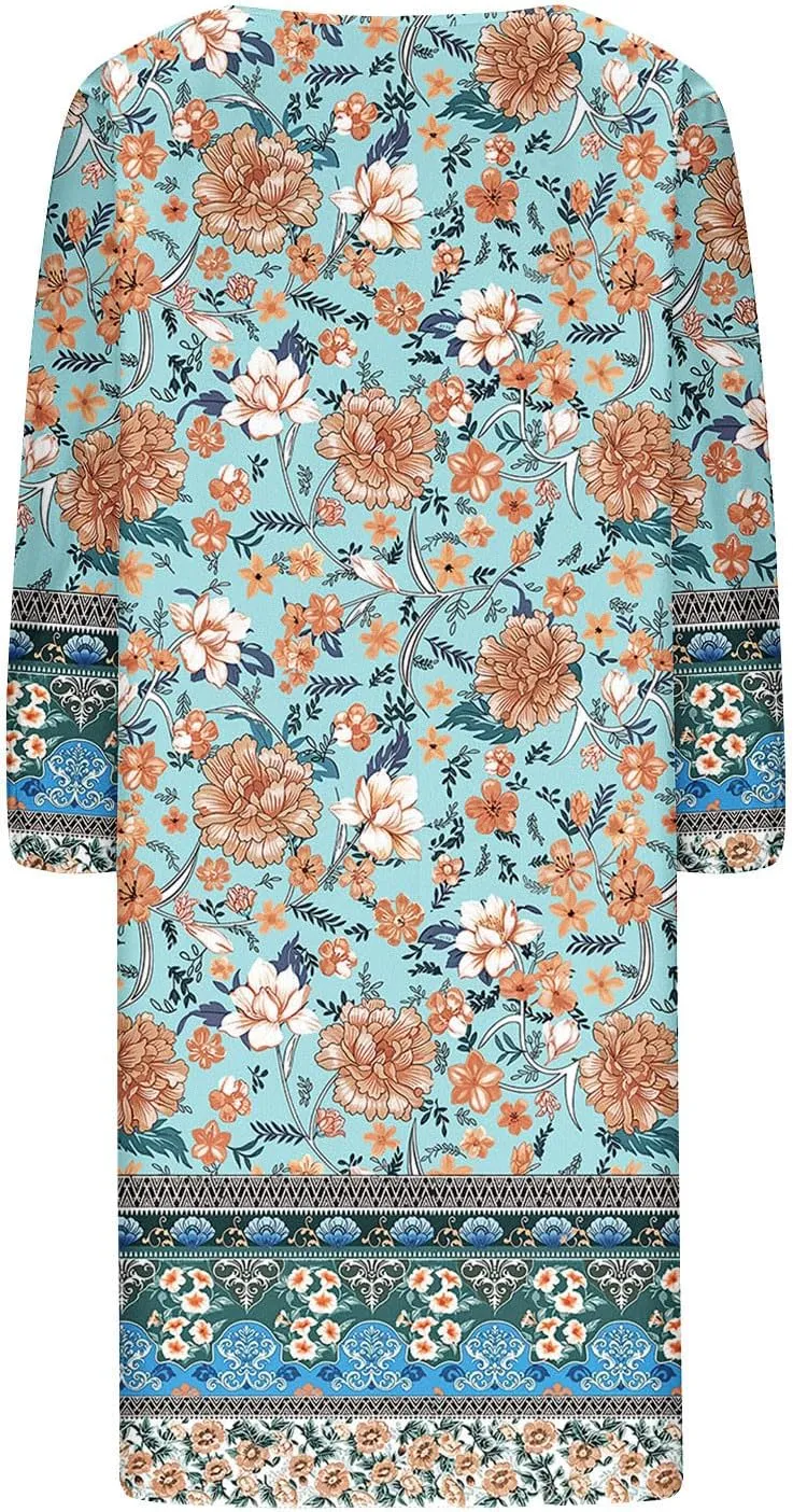 Xiaojmake Boho Dresses for Women 2025 Summer Retro Ethnic Beach Sun Dress Casual Loose V Neck 3/4 Sleeve Mini Vacation Dress