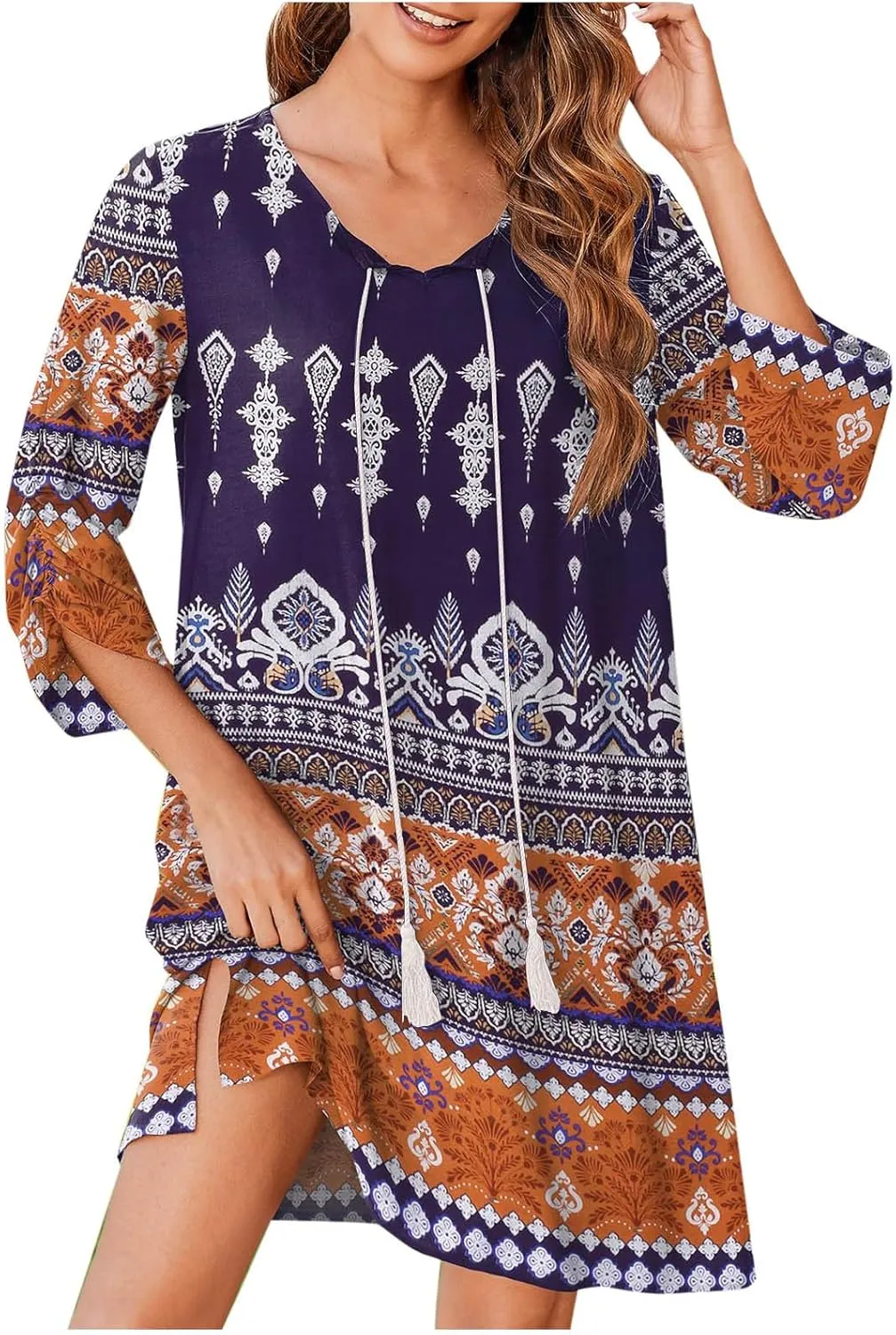 Xiaojmake Boho Dresses for Women 2025 Summer Retro Ethnic Beach Sun Dress Casual Loose V Neck 3/4 Sleeve Mini Vacation Dress
