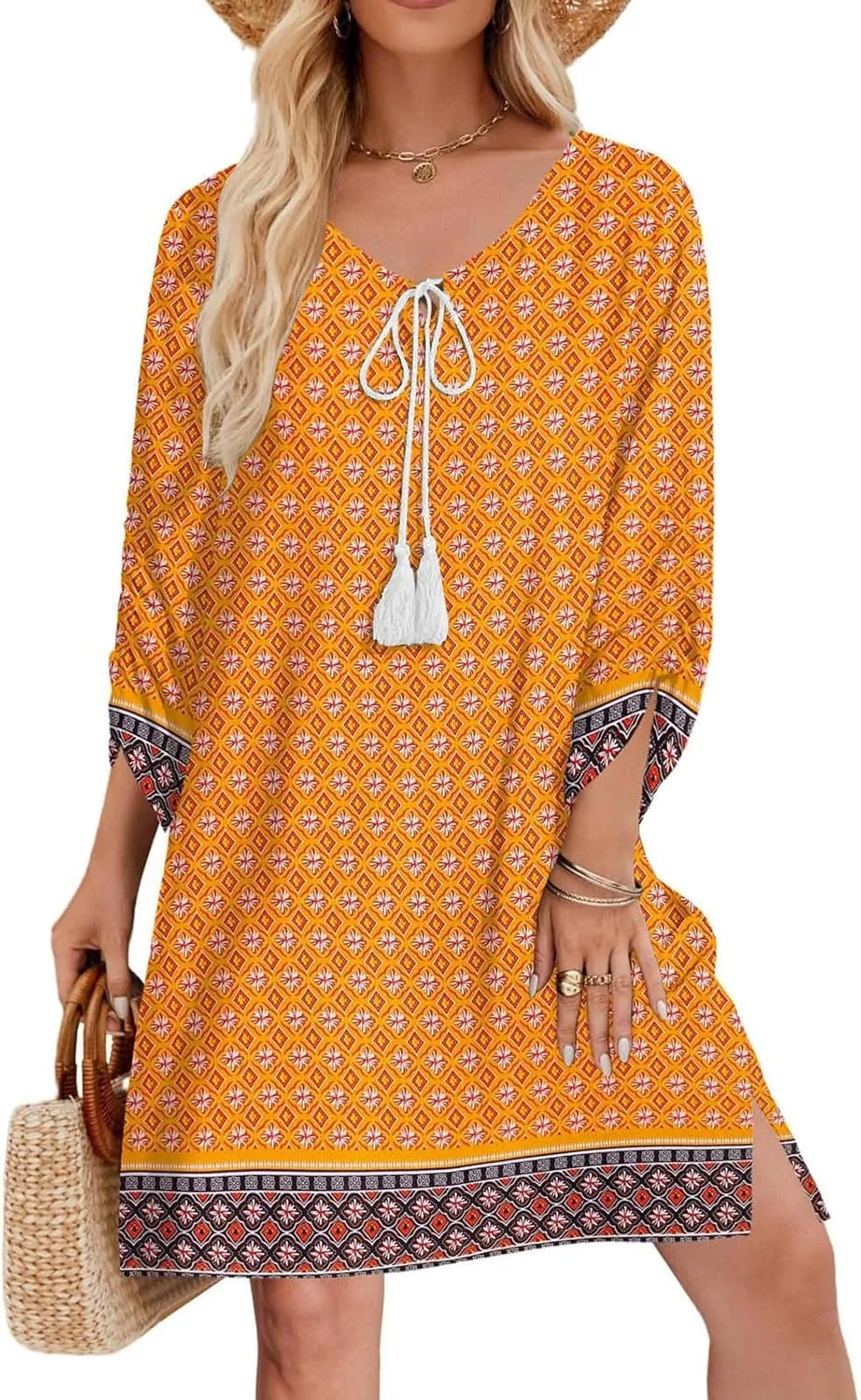 Xiaojmake Boho Dresses for Women 2025 Summer Retro Ethnic Beach Sun Dress Casual Loose V Neck 3/4 Sleeve Mini Vacation Dress