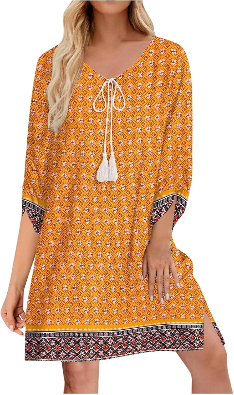 Xiaojmake Boho Dresses for Women 2025 Summer Retro Ethnic Beach Sun Dress Casual Loose V Neck 3/4 Sleeve Mini Vacation Dress