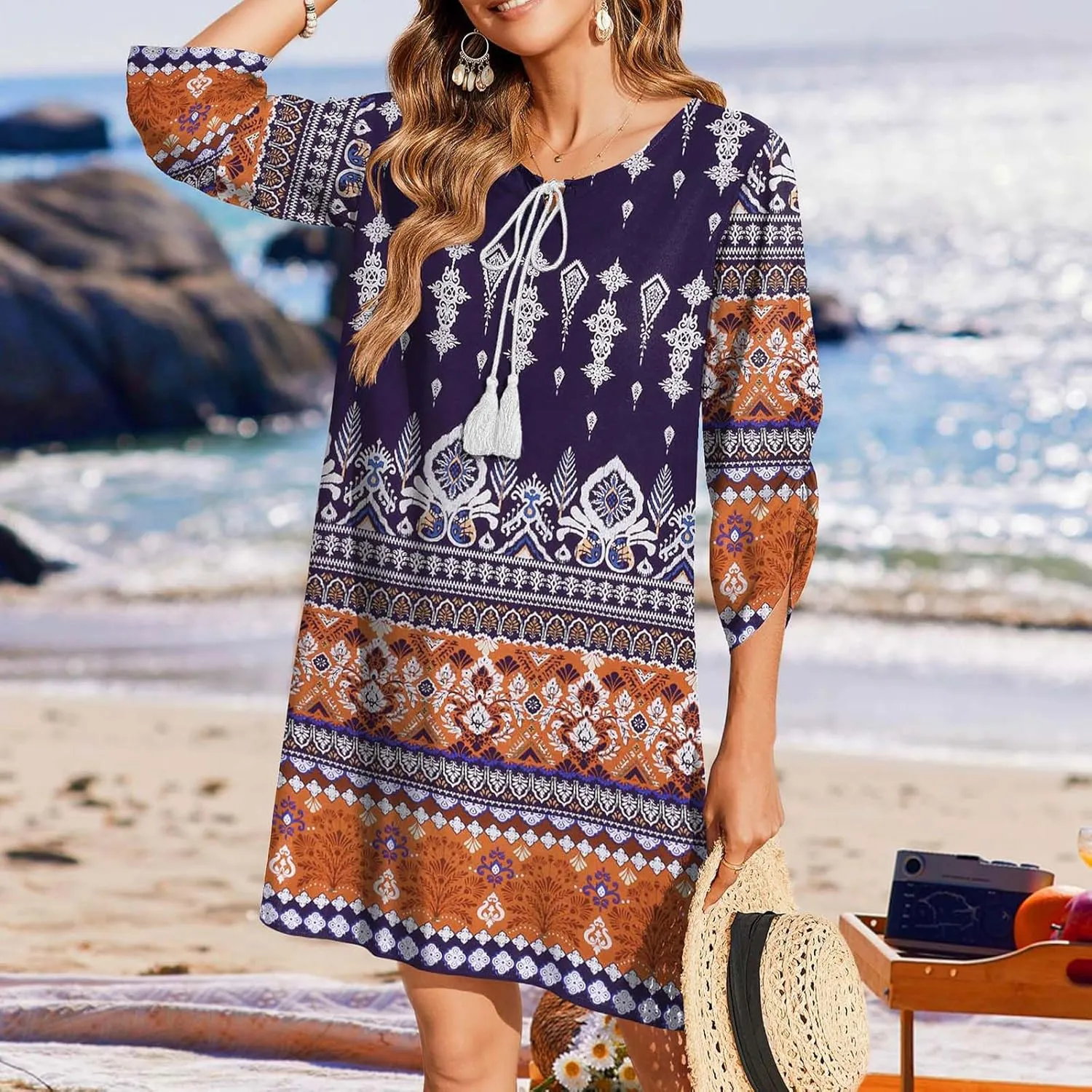 Xiaojmake Boho Dresses for Women 2025 Summer Retro Ethnic Beach Sun Dress Casual Loose V Neck 3/4 Sleeve Mini Vacation Dress