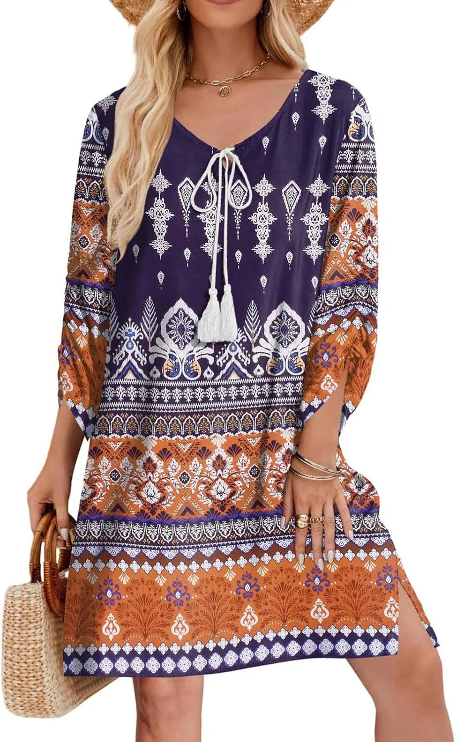 Xiaojmake Boho Dresses for Women 2025 Summer Retro Ethnic Beach Sun Dress Casual Loose V Neck 3/4 Sleeve Mini Vacation Dress